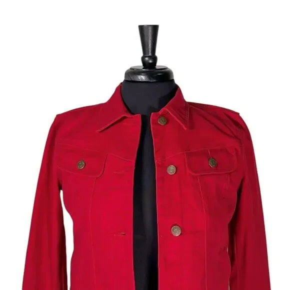 Ralph Lauren Womens Jean Jacket Red Button Front Stretch Denim Preppy Cropped XS - Picture 5 of 9